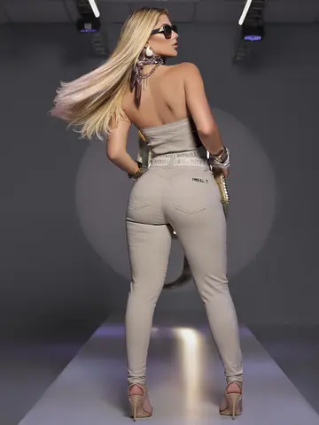 CROPPED SEM ALÇAS CHARMOSO COM ZÍPER E BARRA BRILHANTE PIT BULL JEANS