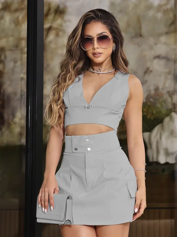 Conjunto Feminino Saia e Cropped Empório Pit Bull Fashion e Sofisticado