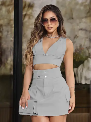 Conjunto Feminino Saia e Cropped Empório Pit Bull Fashion e Sofisticado