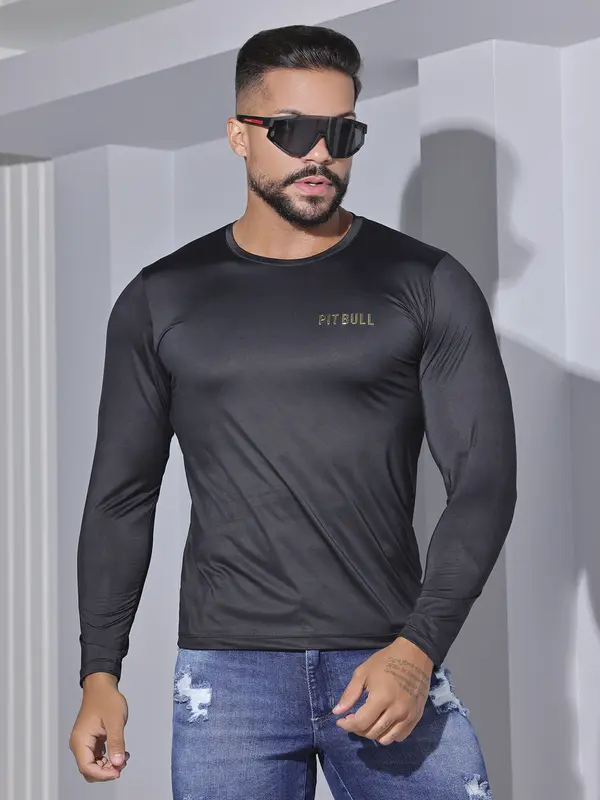 Camiseta Masculina Pit Bull Manga Longa Lisa Confortável e Casual