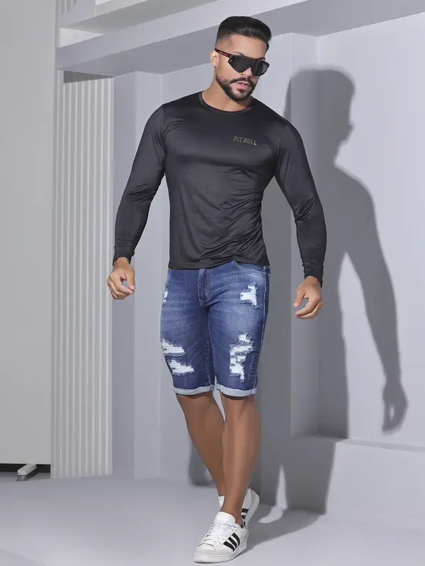 Camiseta Masculina Pit Bull Manga Longa Lisa Confortável e Casual