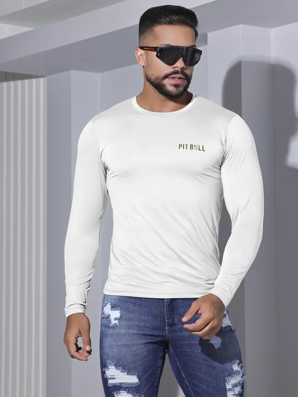 Camiseta Masculina Pit Bull Manga Longa Lisa Confortável e Casual