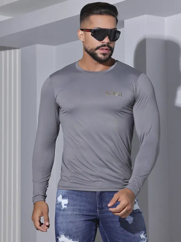 Camiseta Masculina Pit Bull Manga Longa Lisa Confortável e Casual