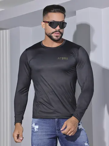 Camiseta Masculina Pit Bull Manga Longa Lisa Confortável e Casual