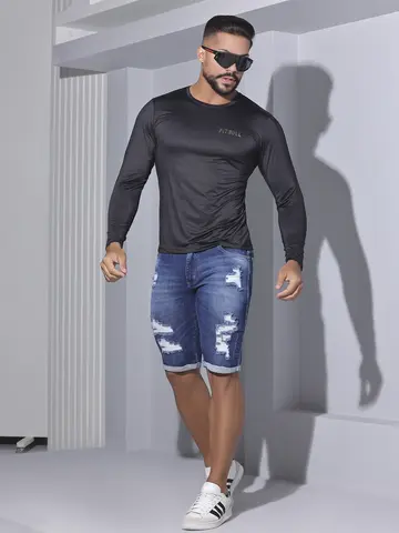 Camiseta Masculina Pit Bull Manga Longa Lisa Confortável e Casual
