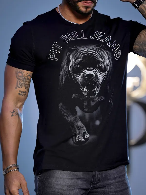 CAMISETA MASCULINA PRETA EXCLUSIVA COM ATITUDE NA ESTAMPA PIT BULL