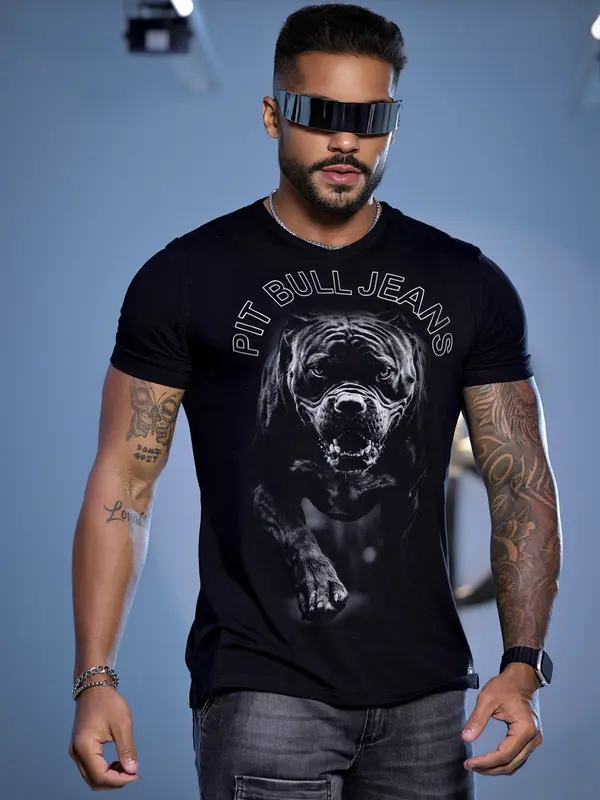 CAMISETA MASCULINA PRETA EXCLUSIVA COM ATITUDE NA ESTAMPA PIT BULL