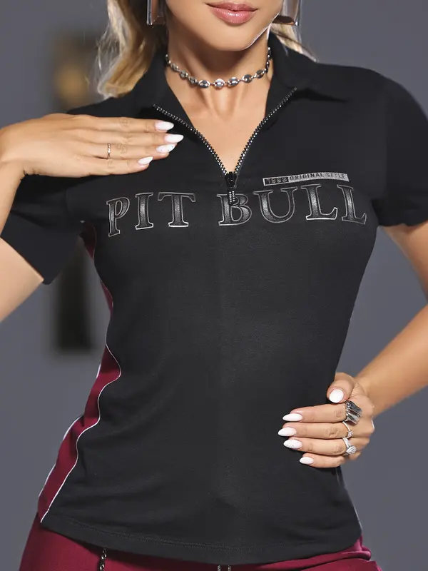 Polo Feminina Moderna e Casual com Escrita Pit Bull e Zíper Frontal