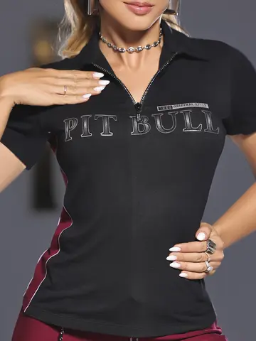 Polo Feminina Moderna e Casual com Escrita Pit Bull e Zíper Frontal