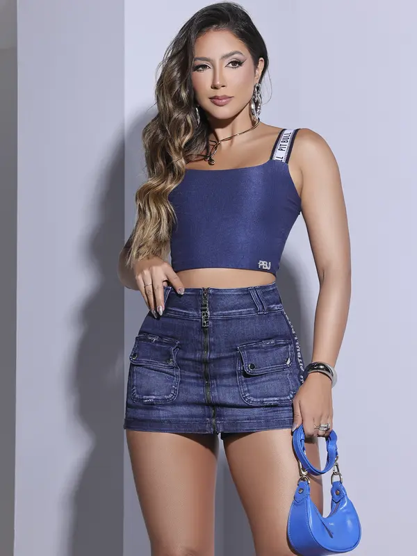 Short Saia Curto Cos Alto Moderno e Sofisticado Pit Bull Jeans Luxo