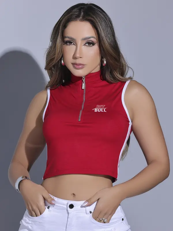 CROPPED MANGA CURTA PIT BULL JEANS ESTILO ESPORTIVO E CASUAL COM ZÍPER