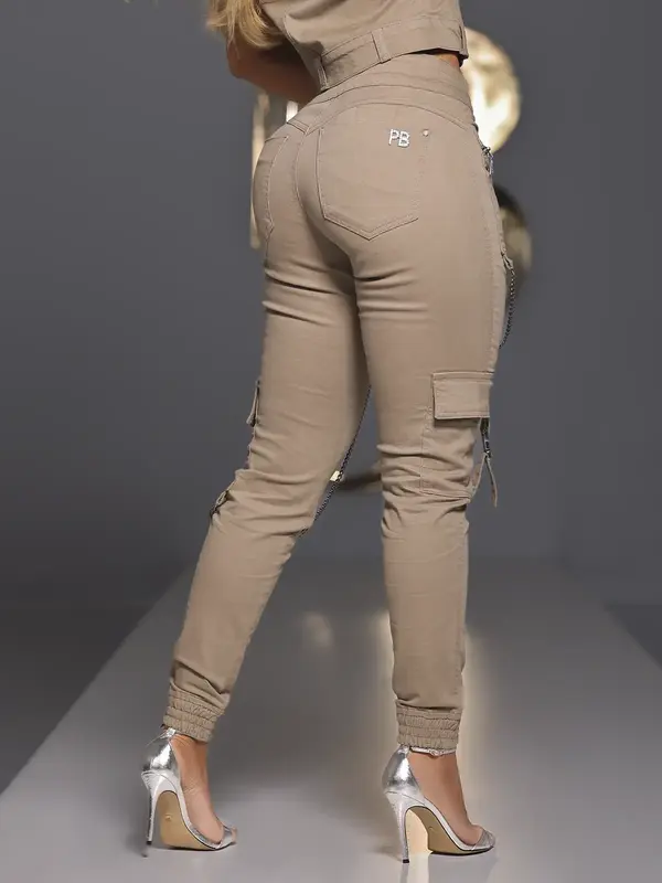 CALÇA FEMININA JOGGER CARGO PIT BULL JEANS STREET STYLE COM CORRENTE