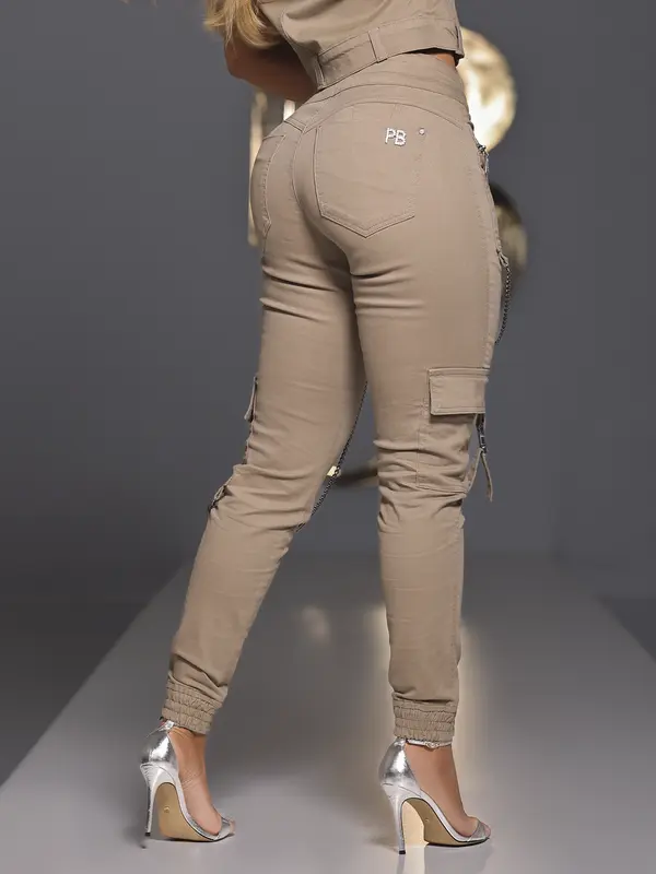CALÇA FEMININA JOGGER CARGO PIT BULL JEANS STREET STYLE COM CORRENTE