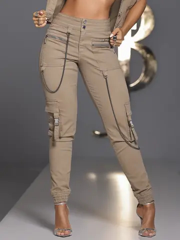 CALÇA FEMININA JOGGER CARGO PIT BULL JEANS STREET STYLE COM CORRENTE