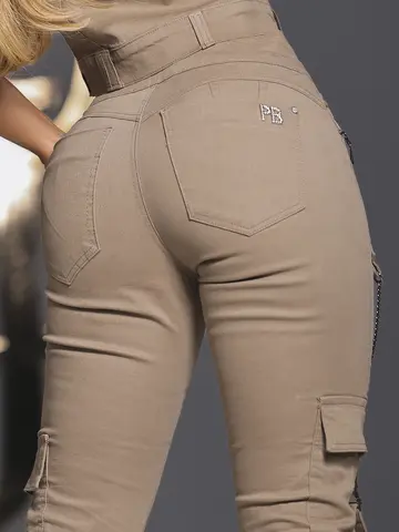 CALÇA FEMININA JOGGER CARGO PIT BULL JEANS STREET STYLE COM CORRENTE