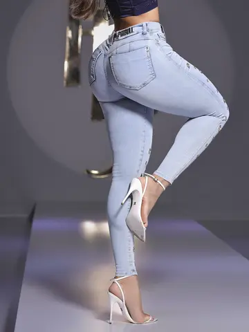 Calça Feminina Pit Bull Jeans Luxo Conceito Cintura Alta com Ilhós Modernos