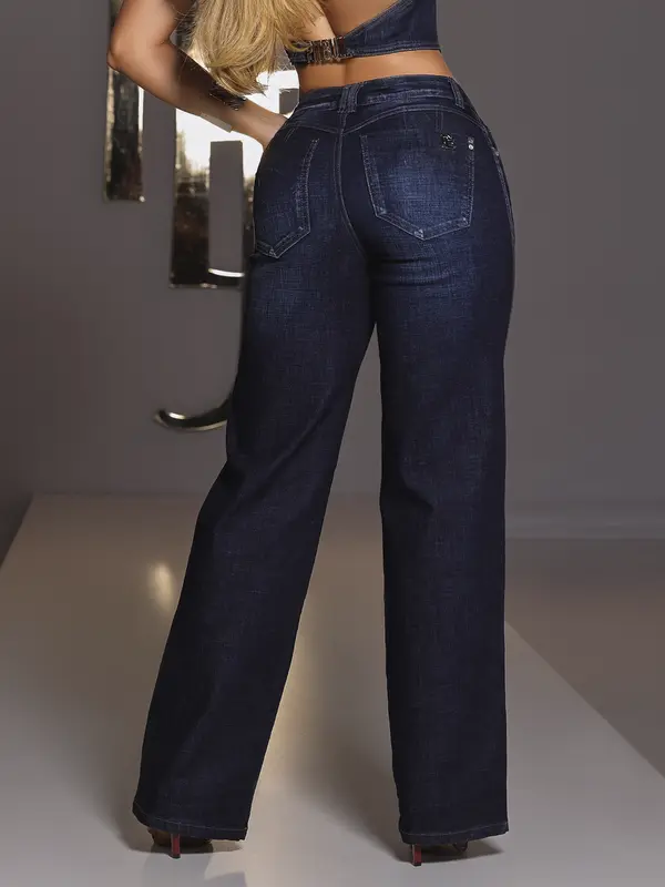 Calça Wide Leg Jeans Escuro Pit Bull Elegante Atemporal e Confortável