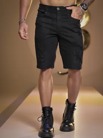 BERMUDA MASCULINA PIT BULL JEANS COM DETALHES DESTROYED E MODERNA