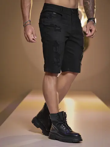 BERMUDA MASCULINA PIT BULL JEANS COM DETALHES DESTROYED E MODERNA