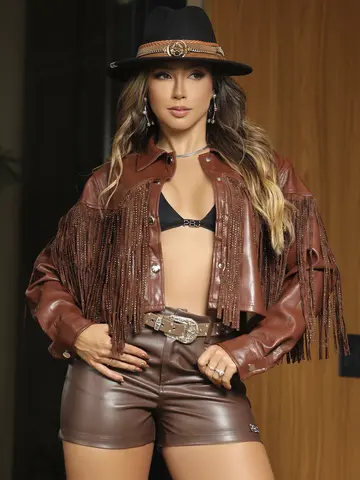Jaqueta Feminina Conceito com Franja e Brilho Sofisticado Pit Bull Jeans