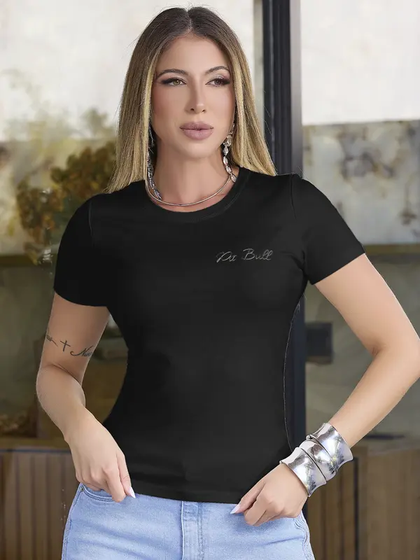 T-SHIRT FEMININA REFINADA E CASUAL EMPÓRIO PIT BULL COM ESCRITA DOURADA
