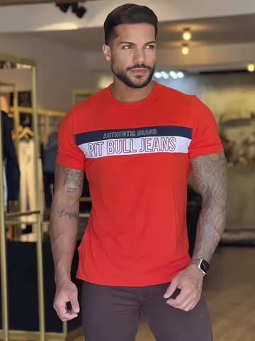 CAMISETA MASCULINA MODERNA SLIM PIT BULL JEANS AUTÊNTICA COM LOGOMANIA