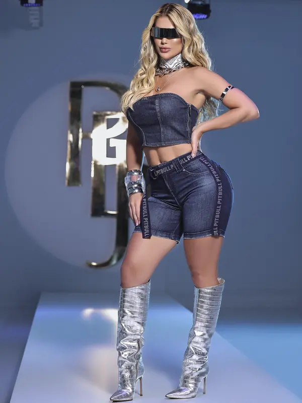 BERMUDA FEMININA JEANS CINTURA ALTA COM FAIXA LATERAL PIT BULL TENDÊNCIA