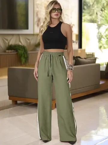 CALÇA FEMININA ELEGANTE COM CÓS ELÁSTICO E CORDÃO EMPÓRIO PIT BULL