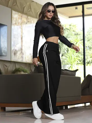 CALÇA WIDE LEG FEMININA VERSÁTIL CINTURA ALTA EMPÓRIO PIT BULL COM CORDÃO