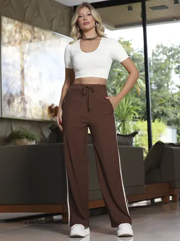 CALÇA WIDE LEG FEMININA VERSÁTIL CINTURA ALTA EMPÓRIO PIT BULL COM CORDÃO