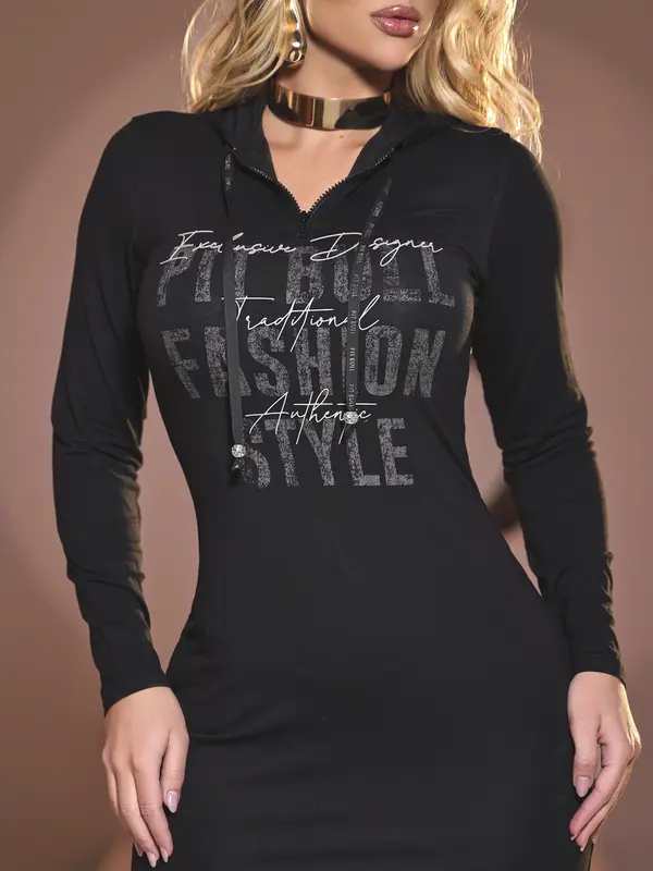 VESTIDO FEMININO ESTILOSO COM CAPUZ E ESTAMPA FASHION PIT BULL JEANS