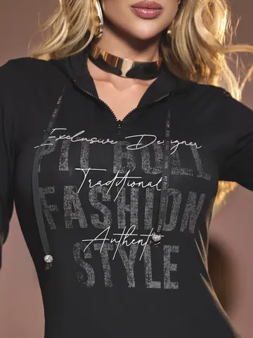 VESTIDO FEMININO ESTILOSO COM CAPUZ E ESTAMPA FASHION PIT BULL JEANS