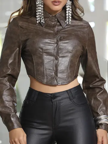 CAMISA CROPPED ACABAMENTO BRILHOSO EM COURO ECOLÓGICO EMPÓRIO PIT BULL