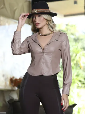Camisa Cropped Manga Longa Color em Couro Ecológico Empório Pit Bull