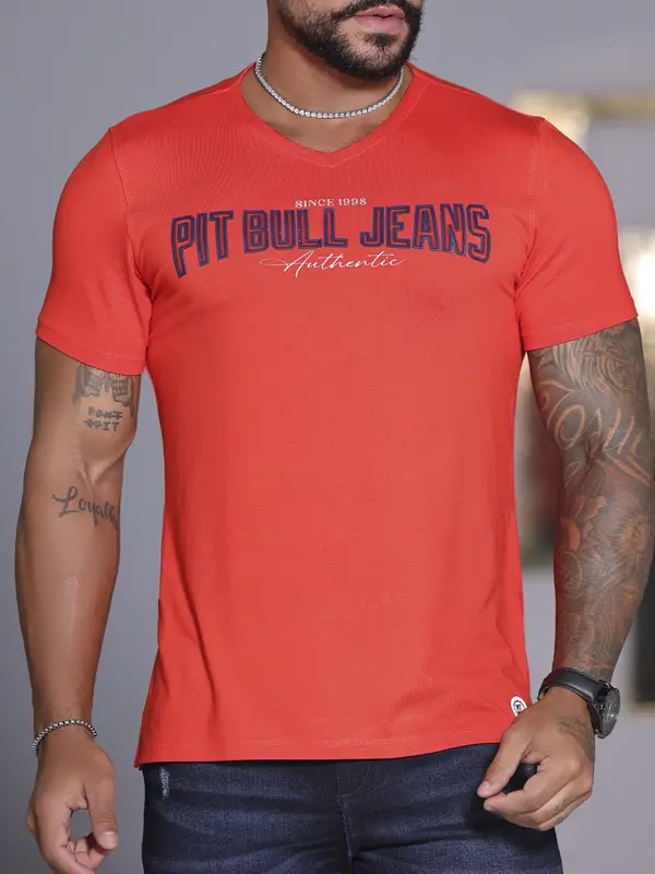 Camiseta Masculina Laranja Gola V Logomania Pit Bull Jeans