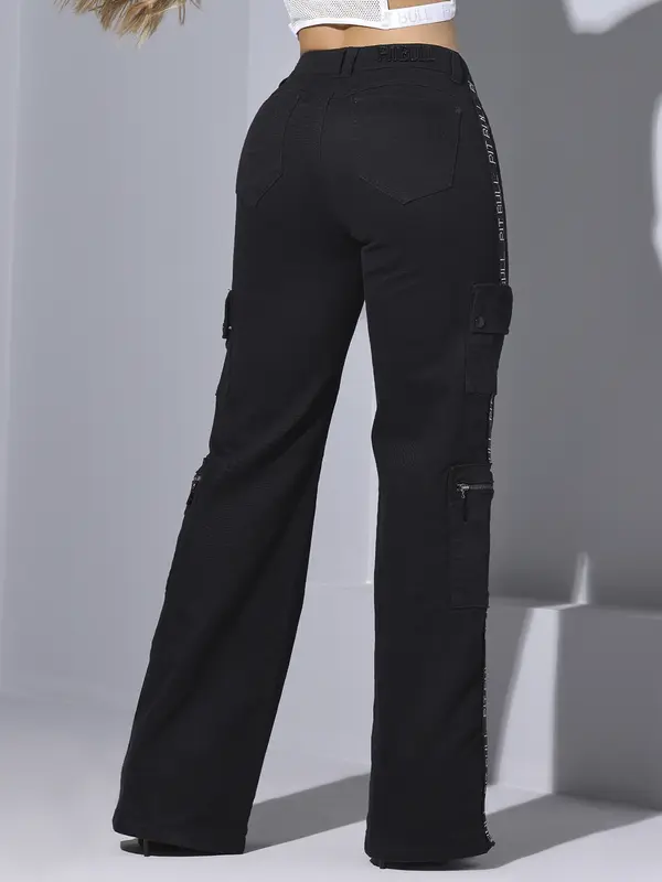 CALÇA WIDE LEG PIT BULL JEANS COM LATERAL PERSONALIZADA E BOLSOS CARGO