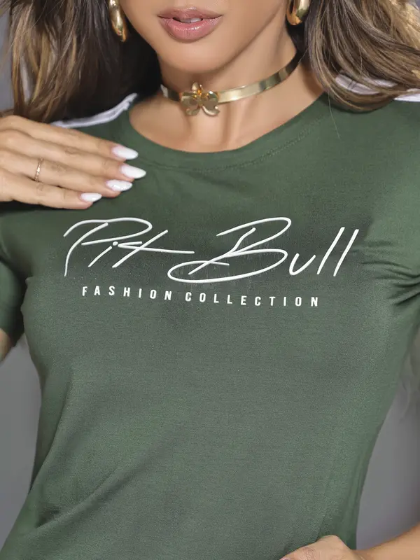 T-Shirt Feminina Manga Curta Pit Bull Jeans Logomania Casual