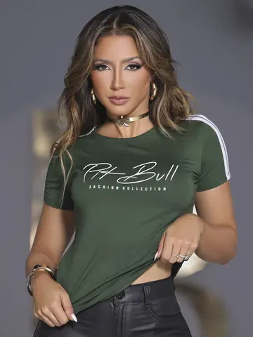 T-Shirt Feminina Manga Curta Pit Bull Jeans Logomania Casual