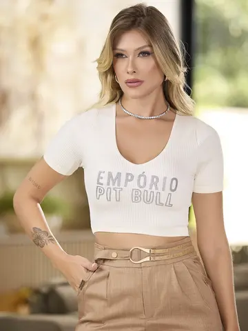 CROPPED MANGA CURTA CASUAL COM ESTAMPA GLITTER EMPÓRIO PIT BULL