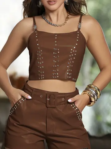 Conjunto Cropped e Short Estiloso em Couro Ecológico Empório Pit Bull