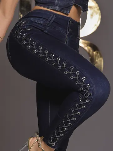 Calça Cintura Alta Conceito Pit Bull Jeans Luxo com Detalhes de Ilhós