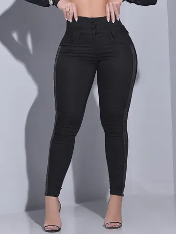 Calça Feminina Cintura Perfeita Pit Bull Jeans Luxo com Faixa Lateral Brilhosa