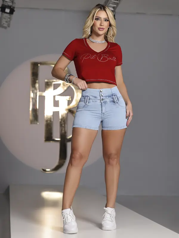 Cropped Manga Curta Pit Bull Jeans com Toque Casual e Elegante