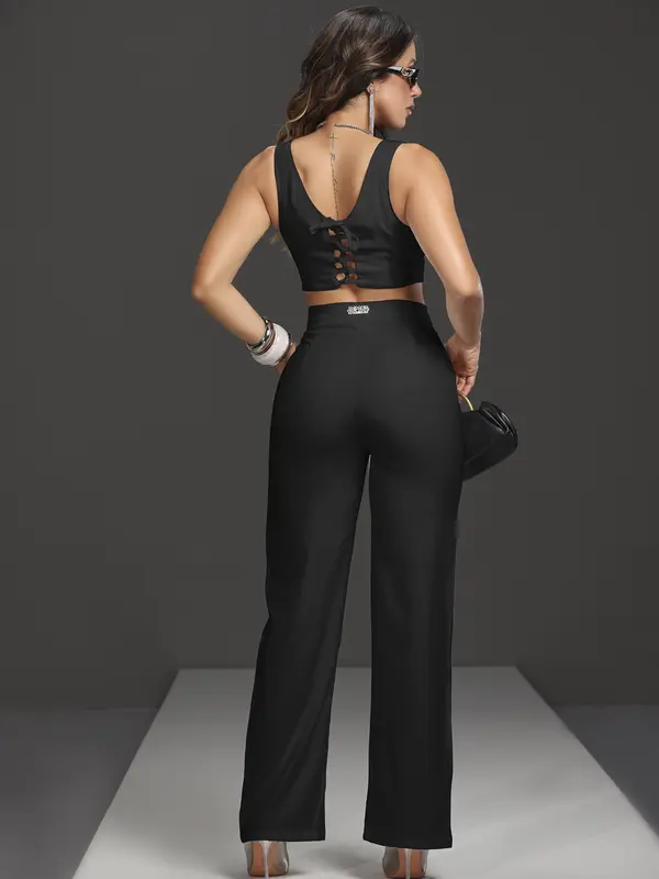 Conjunto Cropped e Calça Alfaiataria Cintura Alta Glamouroso Empório Pit Bull