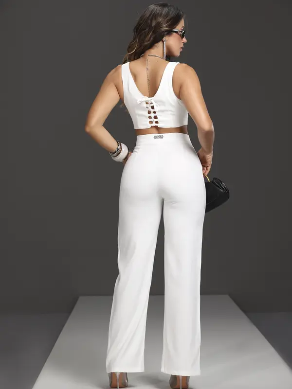 Conjunto Cropped e Calça Alfaiataria Cintura Alta Glamouroso Empório Pit Bull