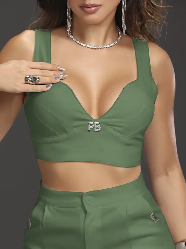 Conjunto Cropped e Calça Alfaiataria Cintura Alta Glamouroso Empório Pit Bull