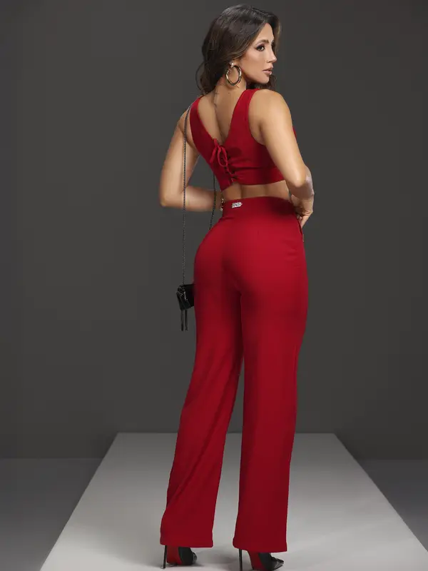 Conjunto Cropped e Calça Alfaiataria Cintura Alta Glamouroso Empório Pit Bull