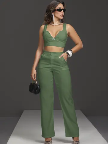 Conjunto Cropped e Calça Alfaiataria Cintura Alta Glamouroso Empório Pit Bull