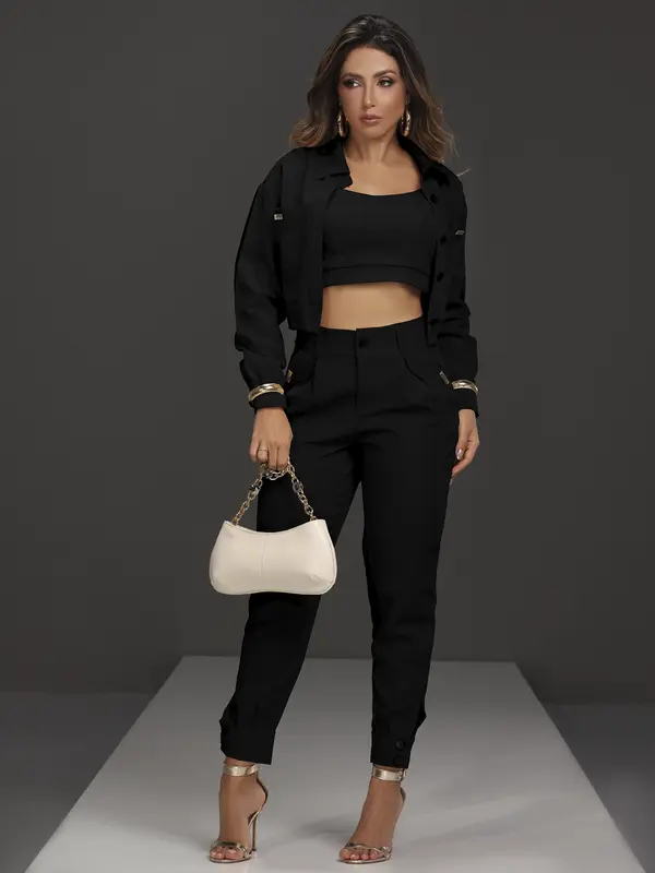 CONJUNTO COM CALÇA, JAQUETA E TOP EMPÓRIO PIT BULL CASUAL E REFINADO