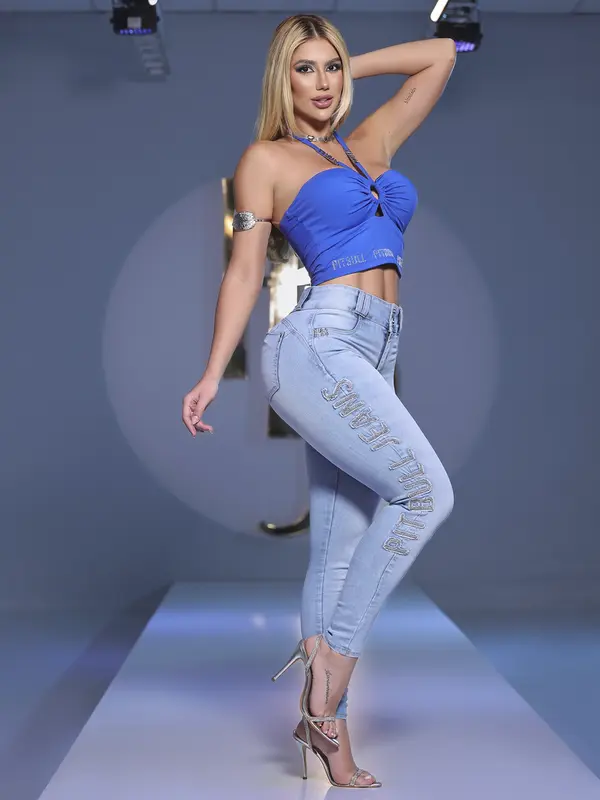 Calça Skinny Logomania Cós Alto com Bordado Lateral Pit Bull Jeans Luxo